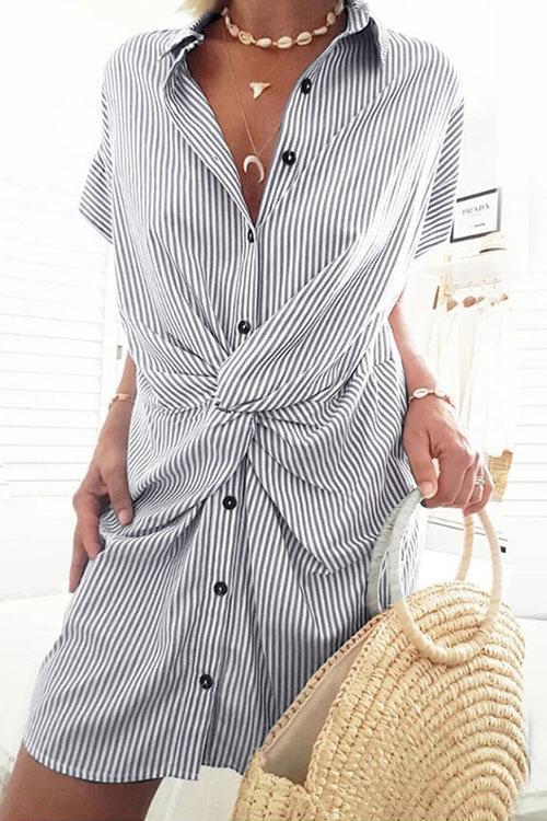 Karladress Short Sleeve Twist Knot Striped Shirt Dress