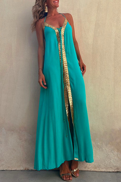 Karladress V Neck Backless Sequin Detailed Slit Maxi Cami Dress