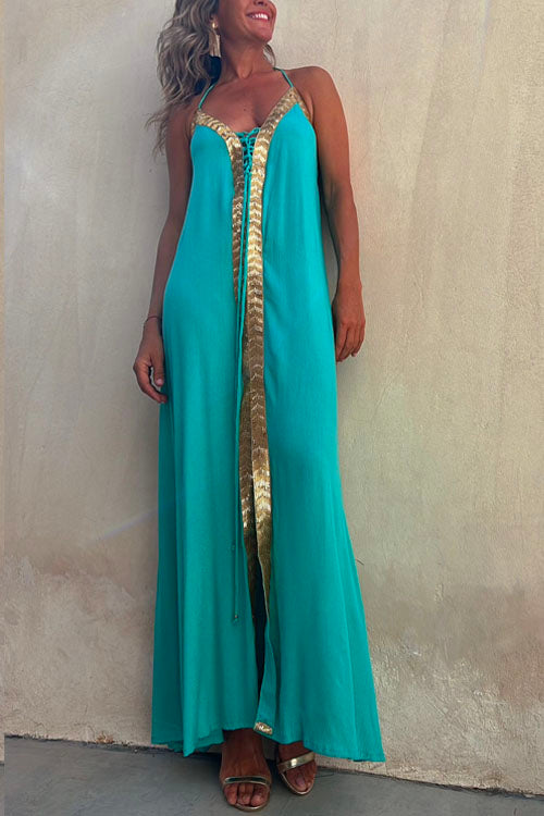 Karladress V Neck Backless Sequin Detailed Slit Maxi Cami Dress