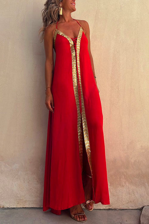 Karladress V Neck Backless Sequin Detailed Slit Maxi Cami Dress