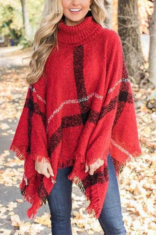 Karladress Tassel Color Block Classic Cloak Poncho Sweater