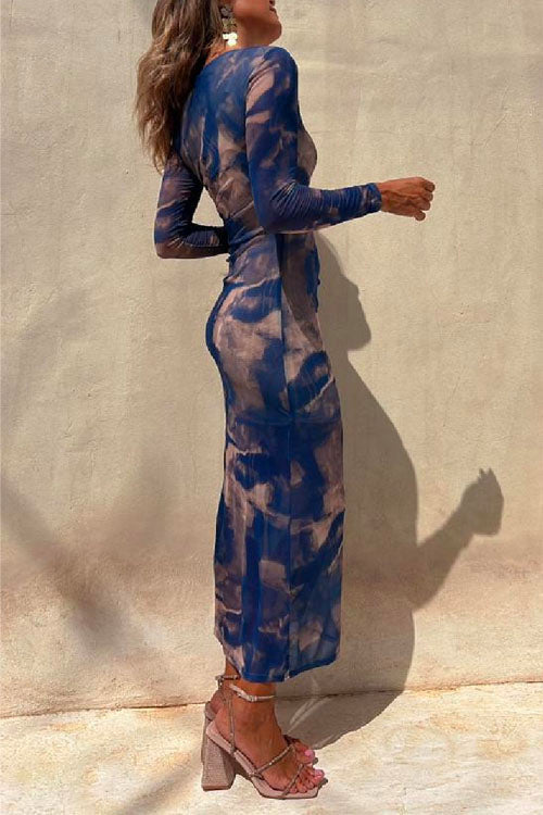 Chicest Long Sleeve Ruched Side Slit Tie Dye Maxi Dress