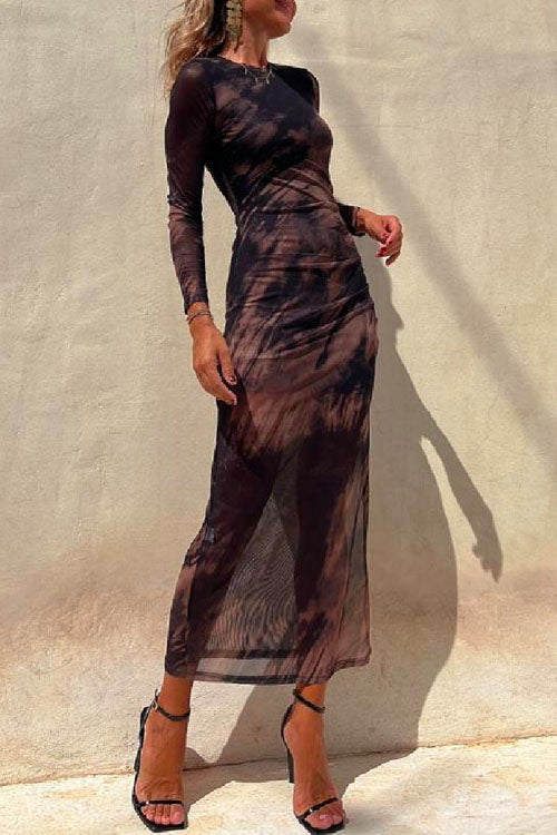 Chicest Long Sleeve Ruched Side Slit Tie Dye Maxi Dress