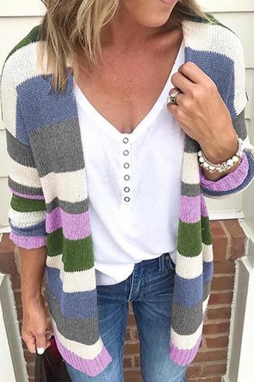 Karladress Rainbow Stripes Open Front Cozy Sweater Cardigan