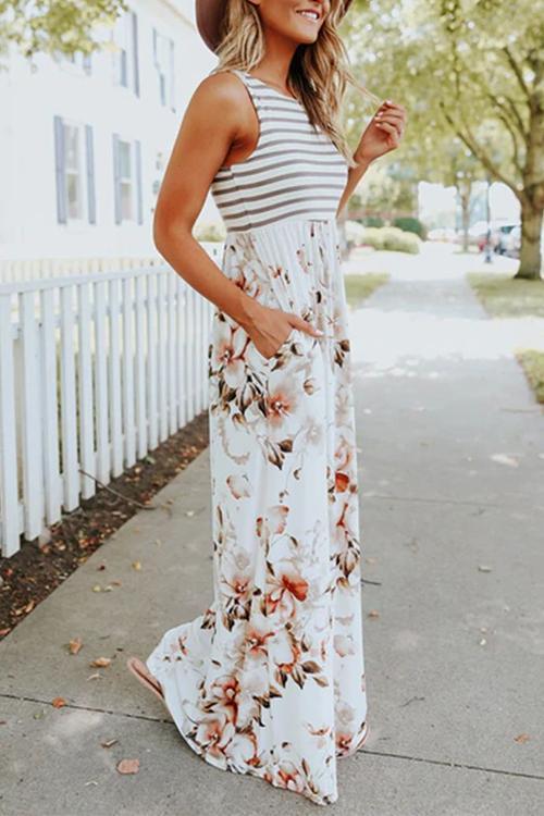 Karladress Sleeveless Stripes Splice Floral Maxi Dress