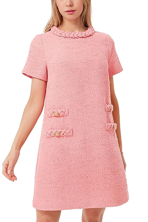 Karladress Elegant Crewneck Short Sleeves Buttons Tweed Dress