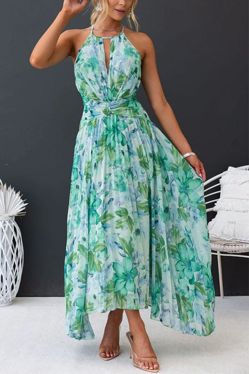 Karladress V Neck Waisted Cut Out Floral Pleated Maxi Dress