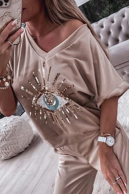 Karladress Sequin Pattern V Neck Short Sleeve Top with Pocketed Pants Casual Set