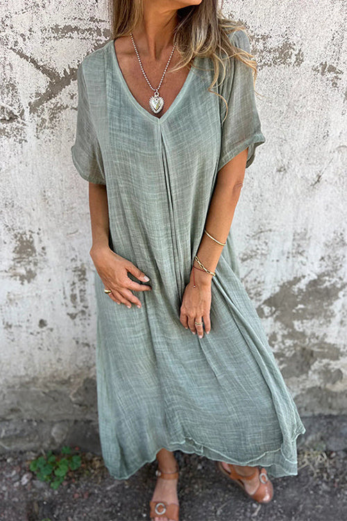 Karladress V Neck Loose Fit Cotton Linen Midi Dress