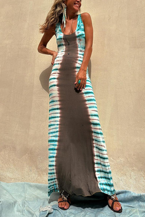 Scoop Neck Back Criss Cross Sleeveless Tie Dye Maxi Dress