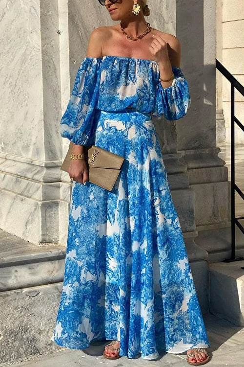 Karladress Off Shoulder Lantern Sleeves Printed Flowy Maxi Dress