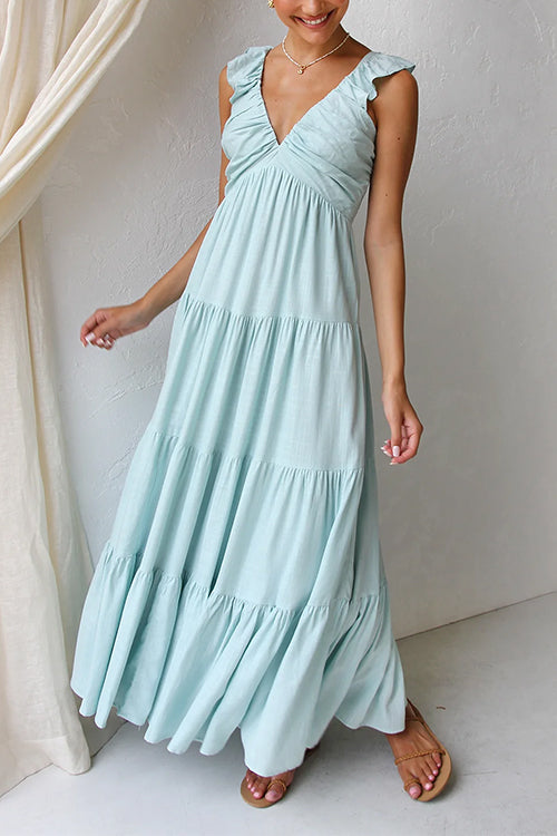 Karladress V Neck Ruffle Trim Tiered Sleeveless Linen Maxi Dress