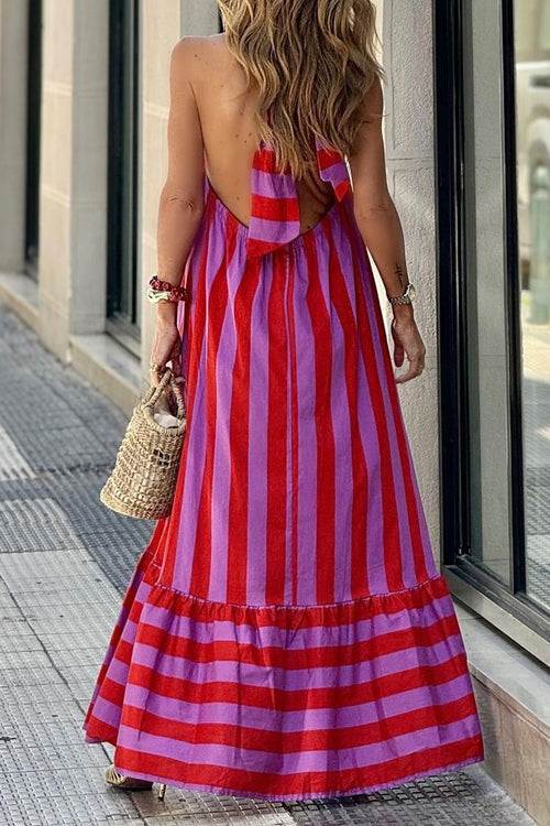 Karladress Halter Neck Open Back Striped Ruffle Maxi Vacation Dress