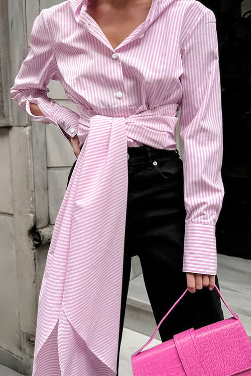 Karladress Long Sleeves Tie Waist Striped Blouse Shirt