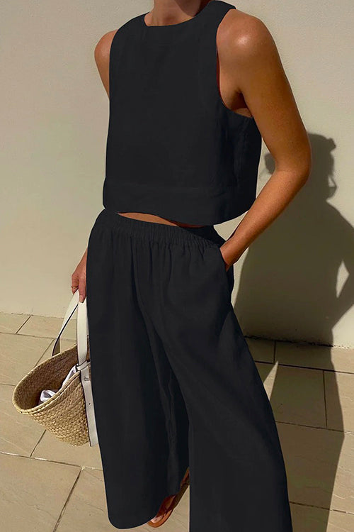 Karladress Solid Crewneck Crop Tank Top Elastic Waist Wide Leg Pants Set