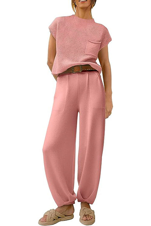 Karladress Short Sleeves Ribbed Knit Pullover Ruched Harem Pants Set