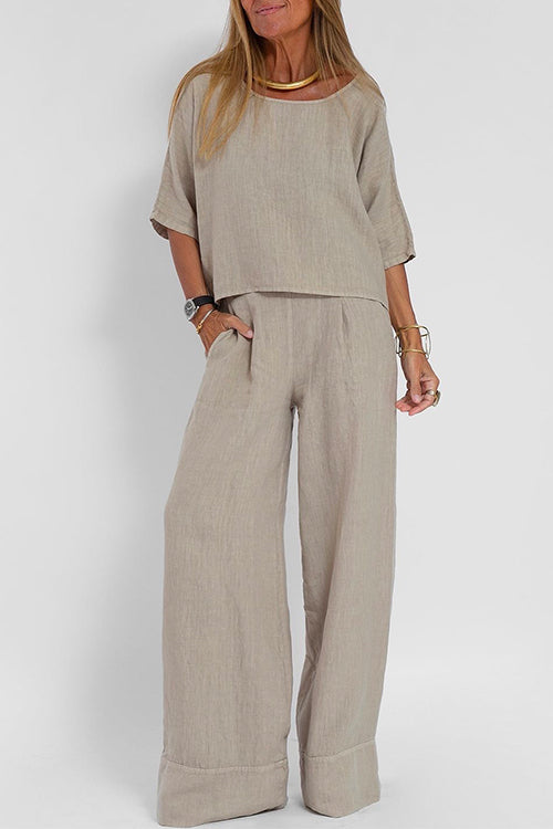 Karladress Round Neck 3/4 Sleeves Pullovers Wide Leg Pants Cotton Linen Set