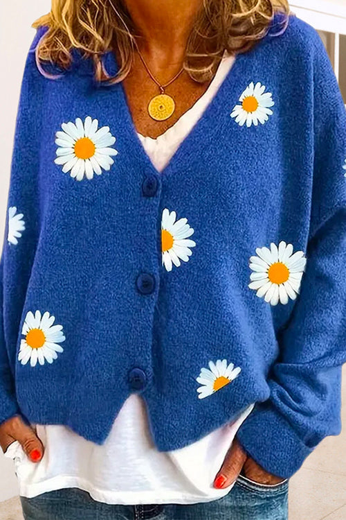 Karladress V Neck Button Up Daisy Embroidery Sweater Cardigan