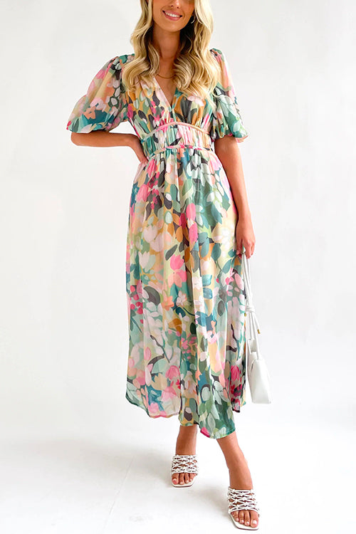 Karladress V Neck Frilled Waist Floral Printed Maxi Swing Dress