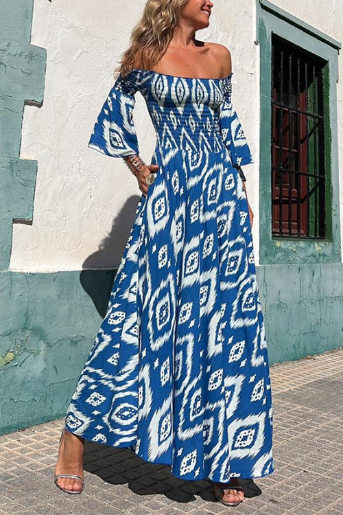 Off Shoulder Bell Sleeves Boho Print Swing Maxi Dress