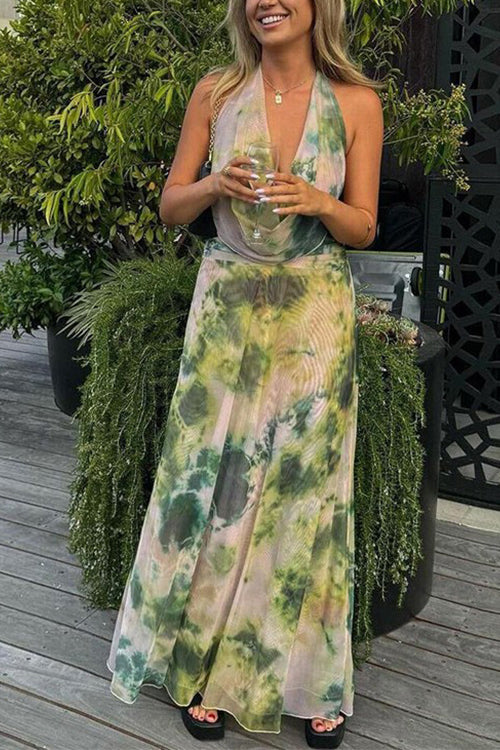 Karladress Deep V Neck Sleeveless Printed Flowy Maxi Dress