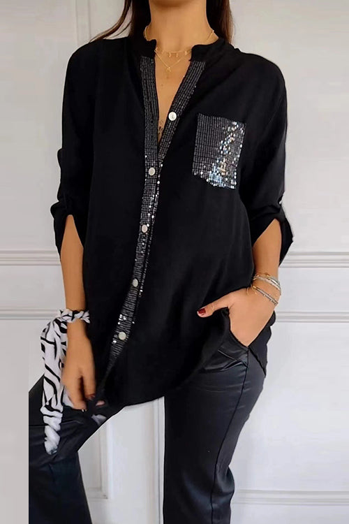 Karladress Rolled Up Sleeves Button Down Sequin Splice Blouse Shirt