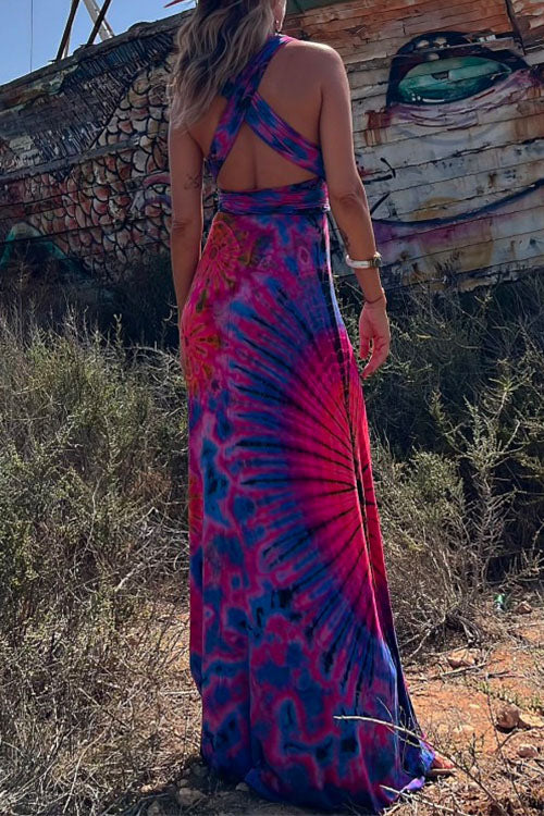 Karladress V Neck Criss Cross Backless Tie Dye Maxi A-line Dress