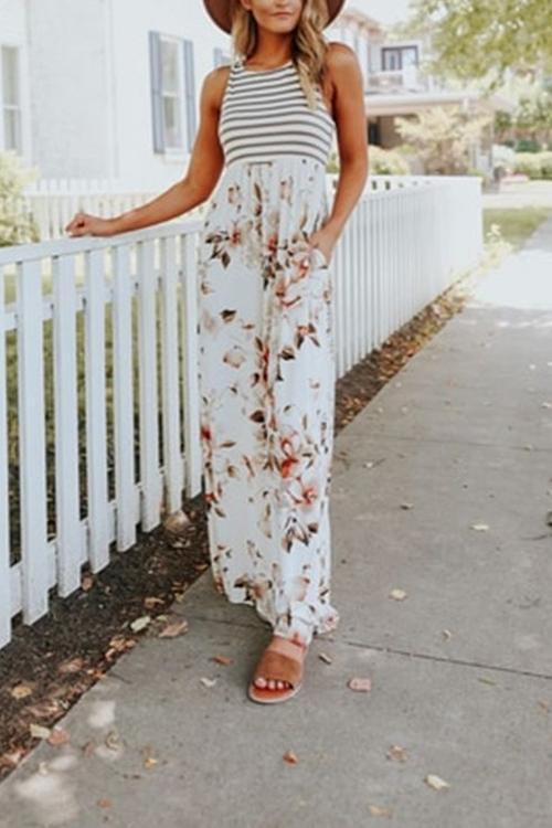 Karladress Sleeveless Stripes Splice Floral Maxi Dress