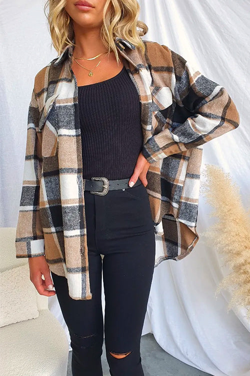 Karladress Lapel Button Down Pockets Plaid Shacket Coat