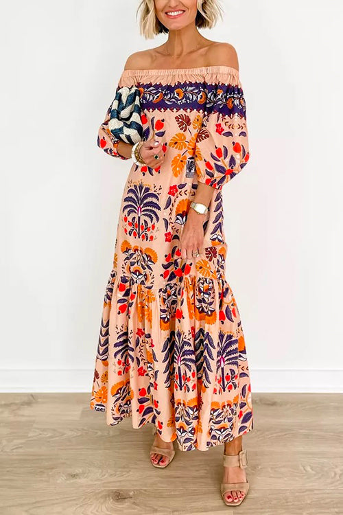 Karladress Off Shoulder Lantern Sleeves Printed Ruffle Maxi Dress