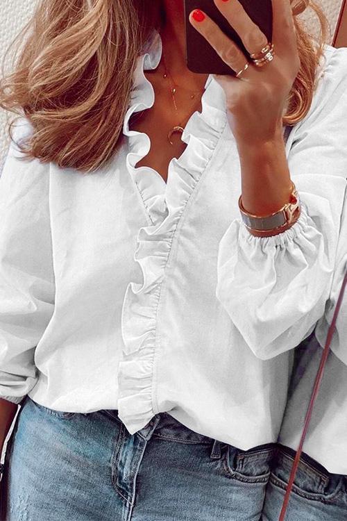 Karladress V Neck Long Sleeve Ruffle Blouse Shirt