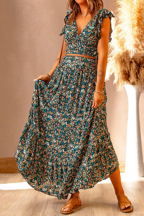 Karladress V Neck Ruffle Crop Top High Waist Maxi Skirt Floral Set