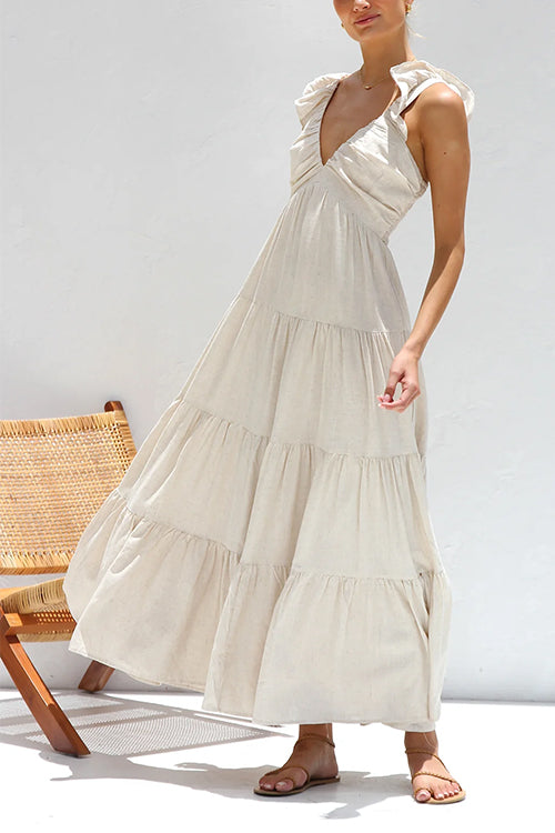 Karladress V Neck Ruffle Trim Tiered Sleeveless Linen Maxi Dress