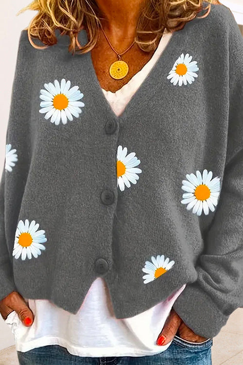 Karladress V Neck Button Up Daisy Embroidery Sweater Cardigan