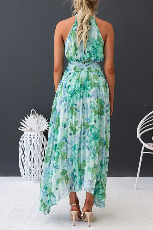 Karladress V Neck Waisted Cut Out Floral Pleated Maxi Dress