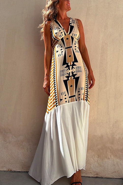 Karladress Sleeveless V Neck Printed Splice Maxi Swing Dress