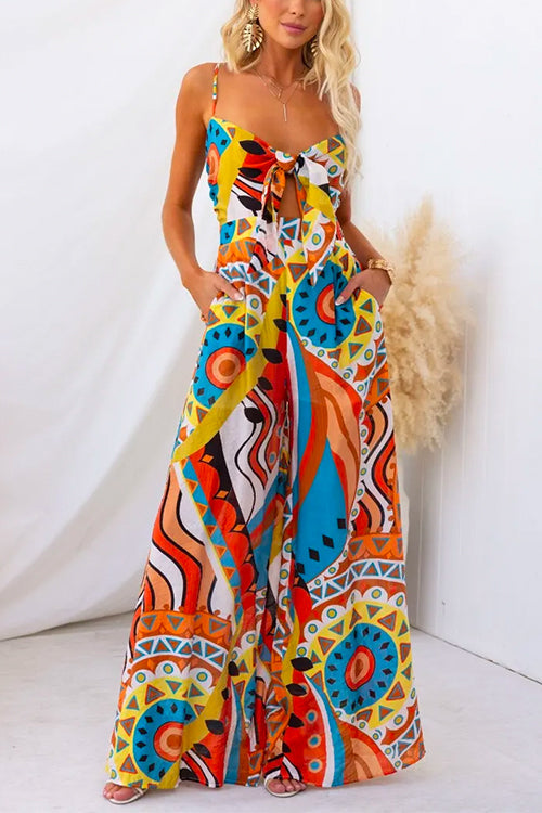 Spaghetti Strap Cut Out Wide Leg Printed Jumpsuit