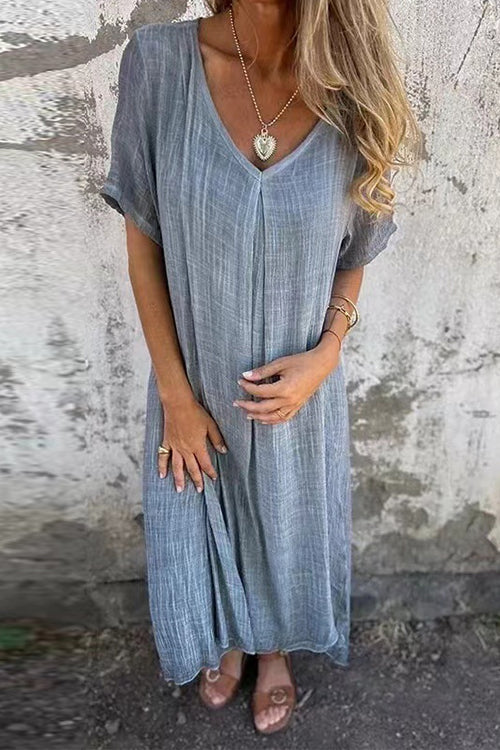 Karladress V Neck Loose Fit Cotton Linen Midi Dress