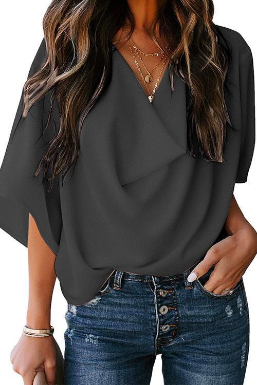 Karladress Cowl Neck Short Sleeve Drape Chiffon Shirt