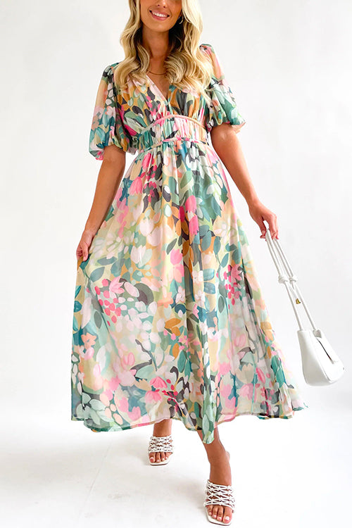 Karladress V Neck Frilled Waist Floral Printed Maxi Swing Dress