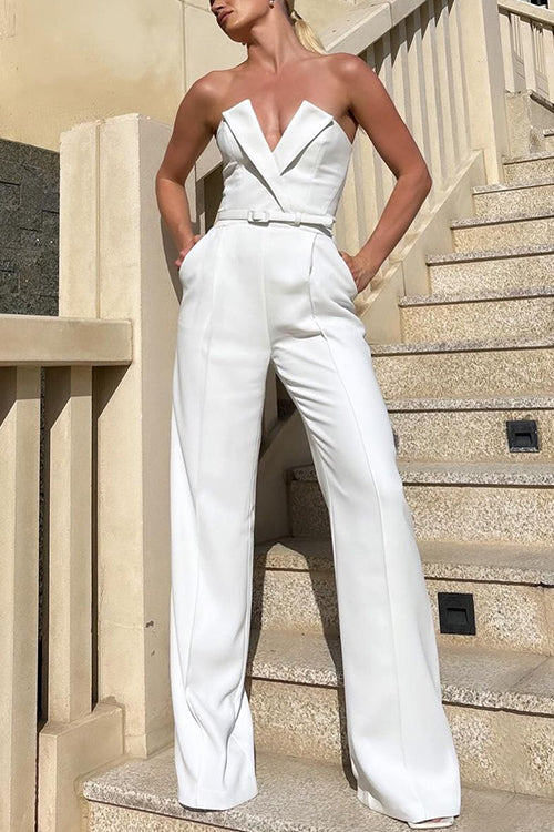 V Neck Strapless Pocketed Wide Leg Jumpsuit (in 6 Colors)