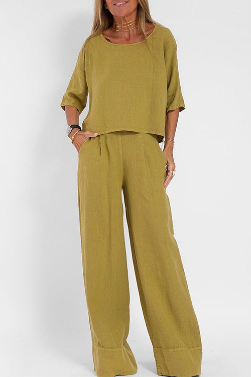 Karladress Round Neck 3/4 Sleeves Pullovers Wide Leg Pants Cotton Linen Set