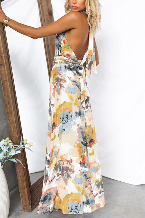 Karladress Halter V Neck Backless Printed Maxi Vacation Dress