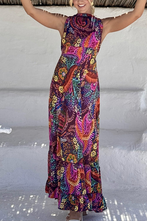 Sleeveless Back Cut Out Unique Print Ruffle Maxi Dress