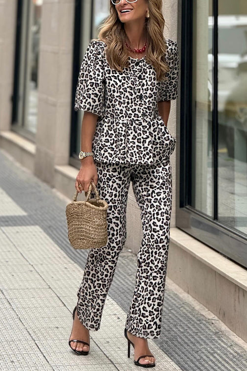 Karladress Half Sleeves Button Up Ruffle Shirt and Straight Leg Pants Leopard Set