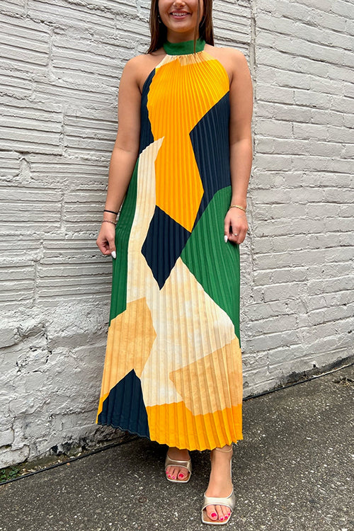 Karladress Halter Backless Color Block Printed Maxi Pleated Dress