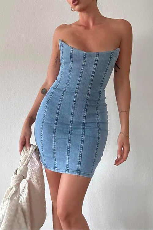 Karladress Strapless Tube Top Denim Mini Bodycon Dress