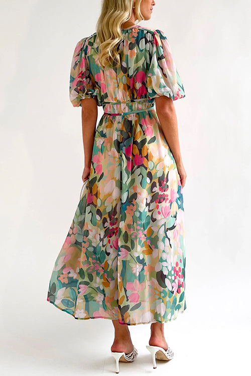 Karladress V Neck Frilled Waist Floral Printed Maxi Swing Dress