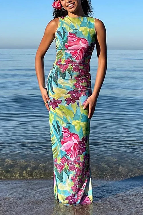 Karladress Sleeveless Back Cut Out Slit Tropical Floral Print Maxi Dress