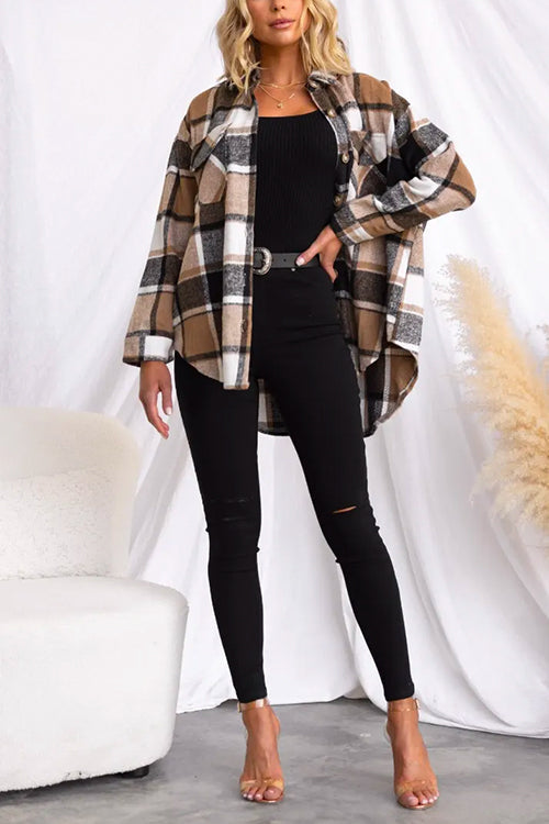 Karladress Lapel Button Down Pockets Plaid Shacket Coat